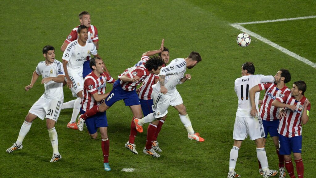 O gol de Sergio Ramos na agonizante final da UEFA Champions League 2014 entre Atlético e Madrid, em Lisboa.
